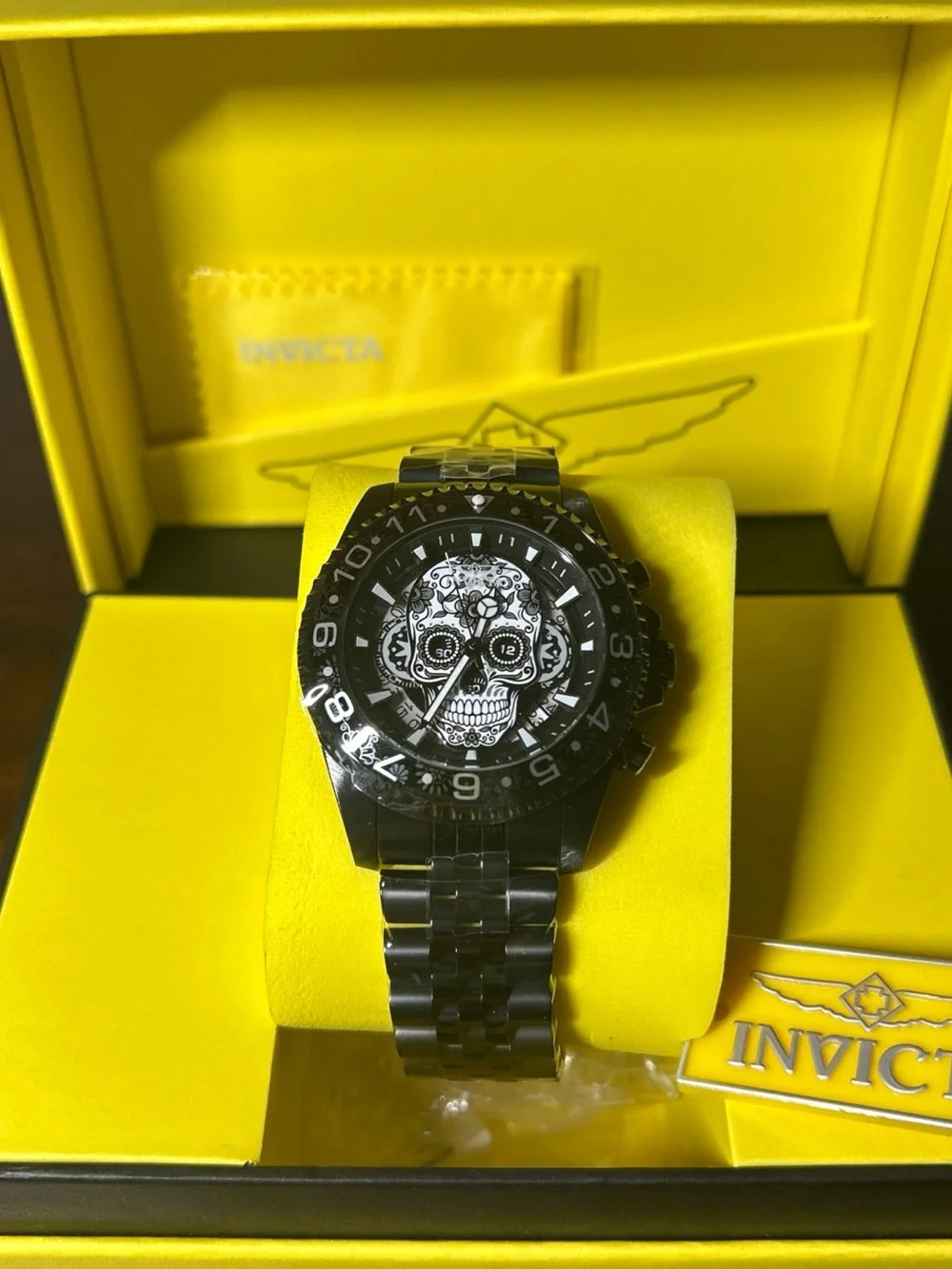 Invicta Men’s Black Stainless Steel Skull Dial Watch